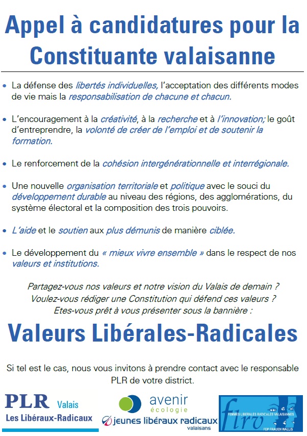 Constituante: le PLR valaisan lance son appel à candidatures